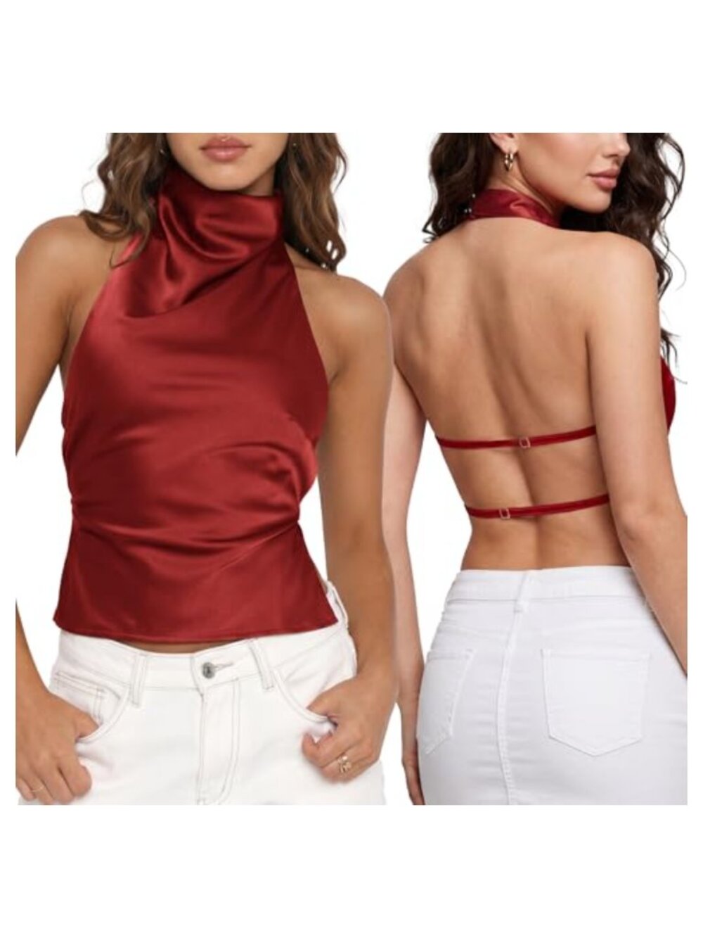 Mock Neck Halter Crop Top Satin Double Lined Backless Y2K Going Out Tank